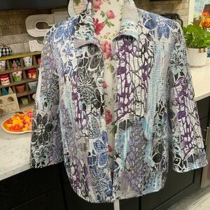Alfred Dunner Petite Womens 14P Blue Purple Open Front Lined Jacket 3/4 Sleeve